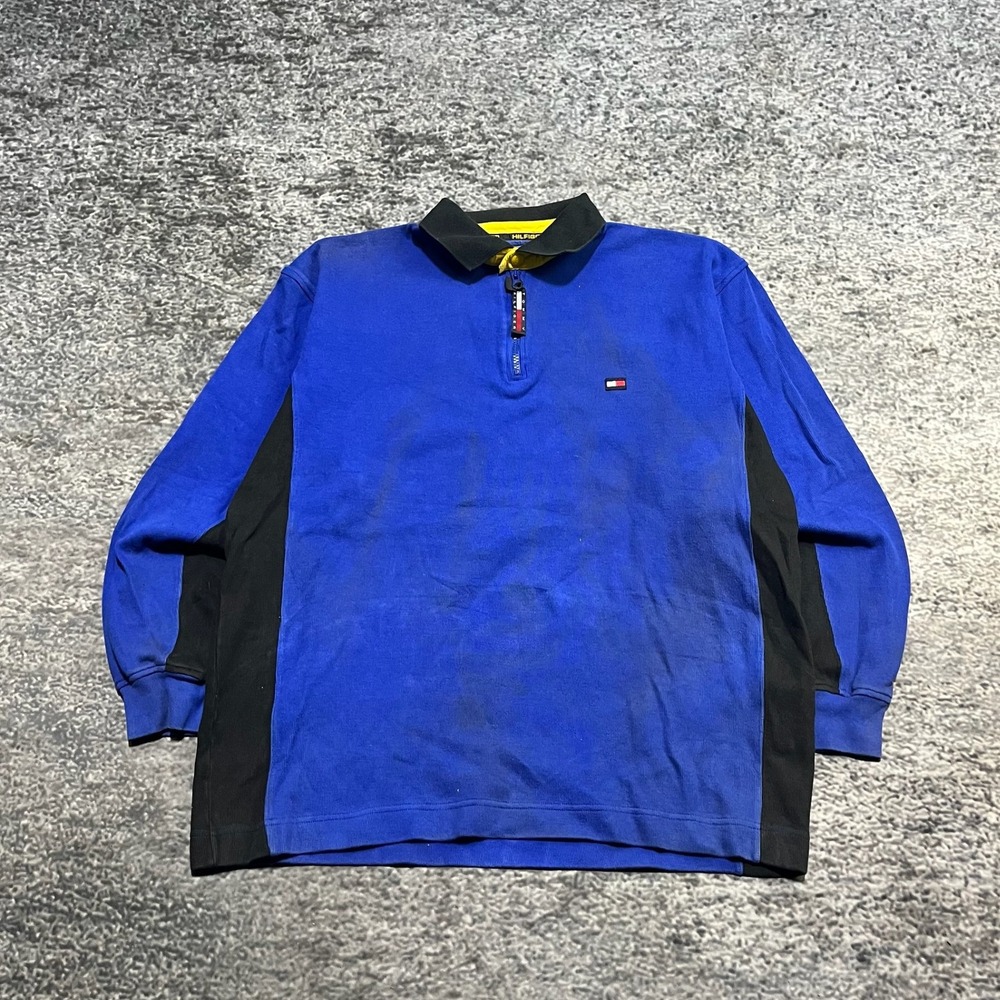 Vintage Tommy Hilfiger Long Sleeve 1/4 Zip Polo Shirt Mens XL Blue Black 90s Y2K